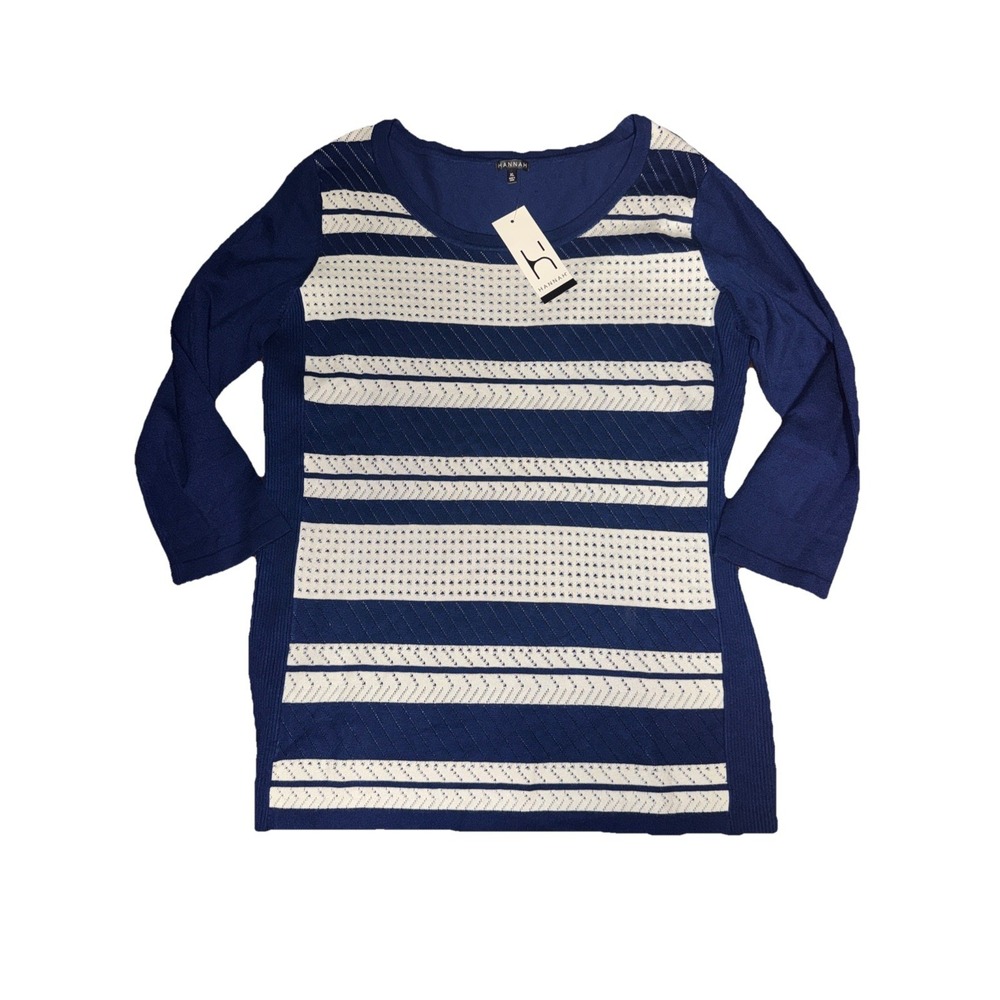 Navy White Stripe 3/4 Sleeve Nautical Sweater XL Academia Preppy Women's Spring